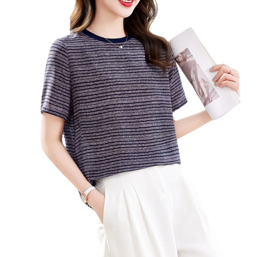 New Fashion Casual Short Sleeve Silk Top Feminine Temperament Skinny Design Striped Mulberry Silk T-Shirt