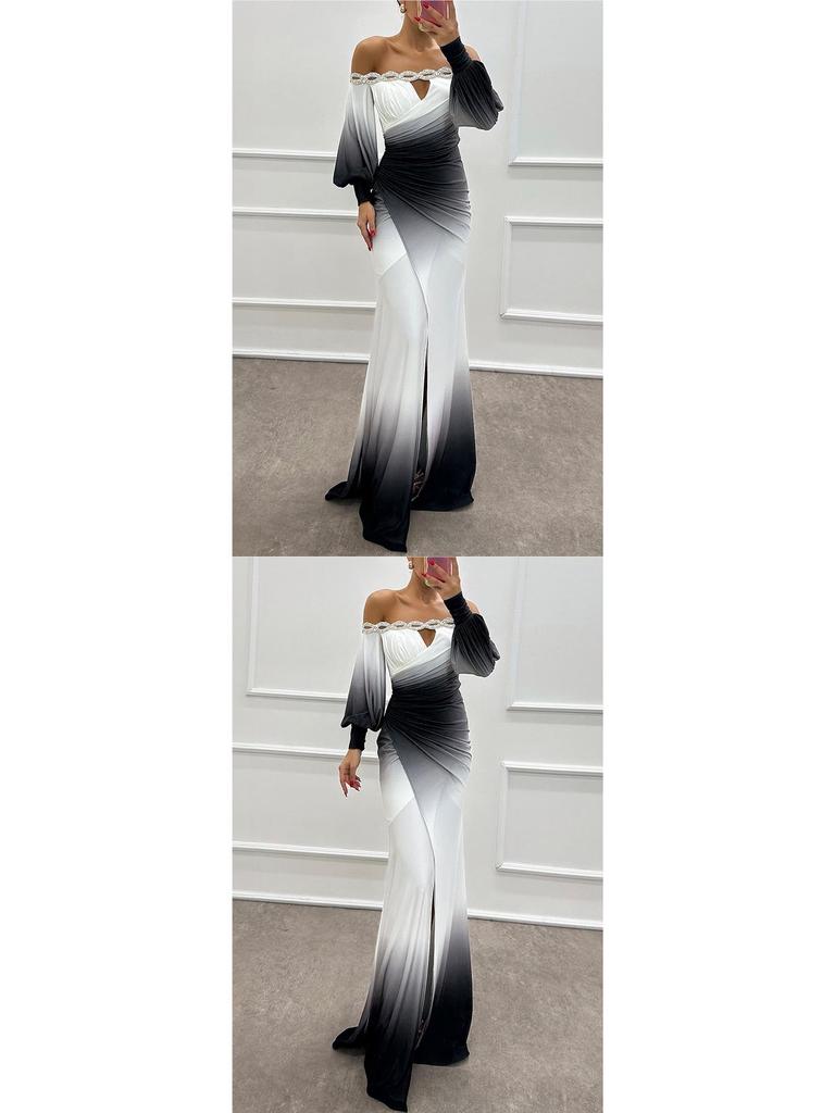 2026 Autumn/Winter One-Shoulder Printed Dress - Long Sleeve Casual Party Wear for Women