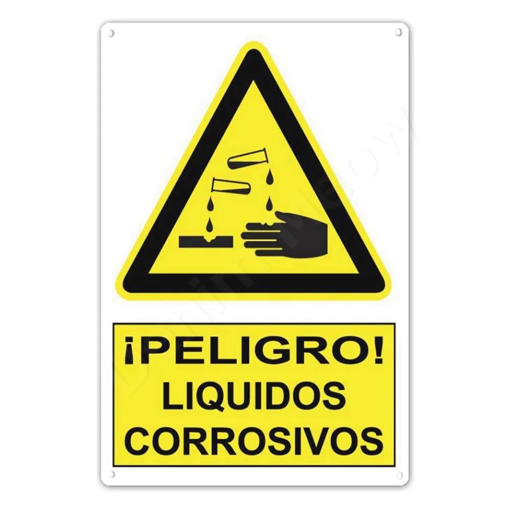 Spanish Warning Sign, Danger Metal Sign for Street, Yard, Bar, Workshop Decor, Yellow Waterproof Caution Signs, Outdoor Indoor
