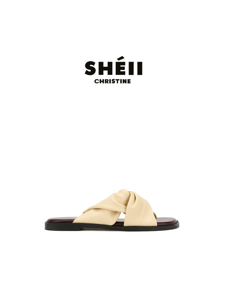 

Sheepskin version Su Yinyin same style square head kinked pleated beach vacation slippers women s leather cool slippers outer wear summer 40