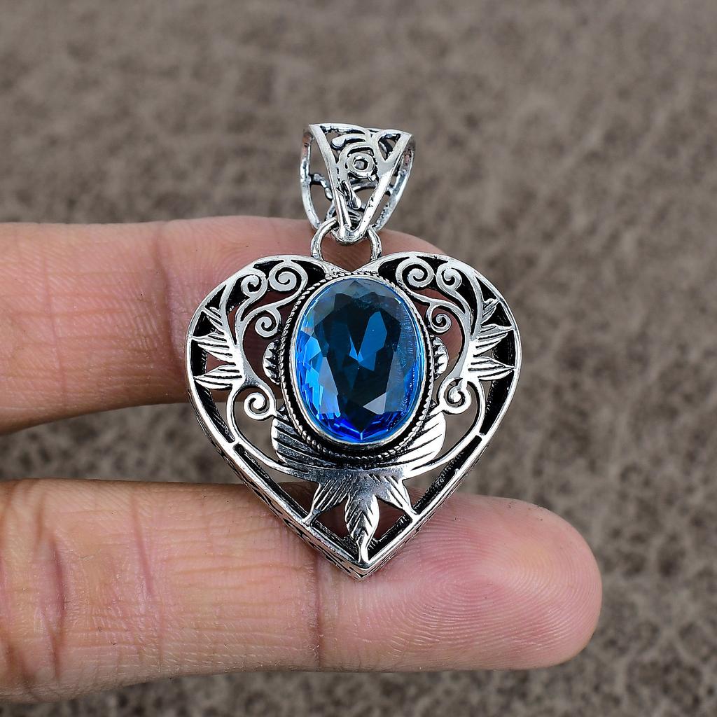 Blue Topaz Gemstone Handmade 925 Sterling Silver Jewelry Pendant 1.77" KKG-13