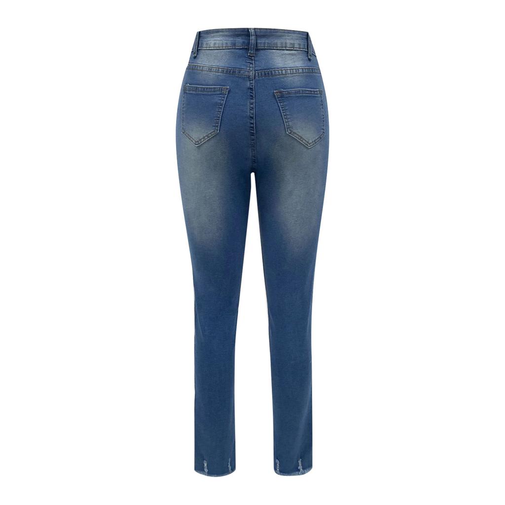 Omen's Hole Slim Washed Calf Pants Jeans Long Pants
