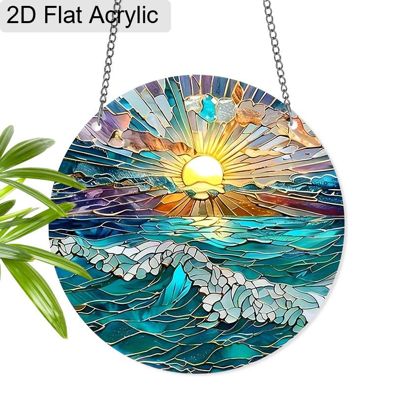 Acrylic Ocean Sunset Suncatcher Stained Glass Effect Window Hanging Ornament Nature Lover Gifts 20cm/7.87Inch