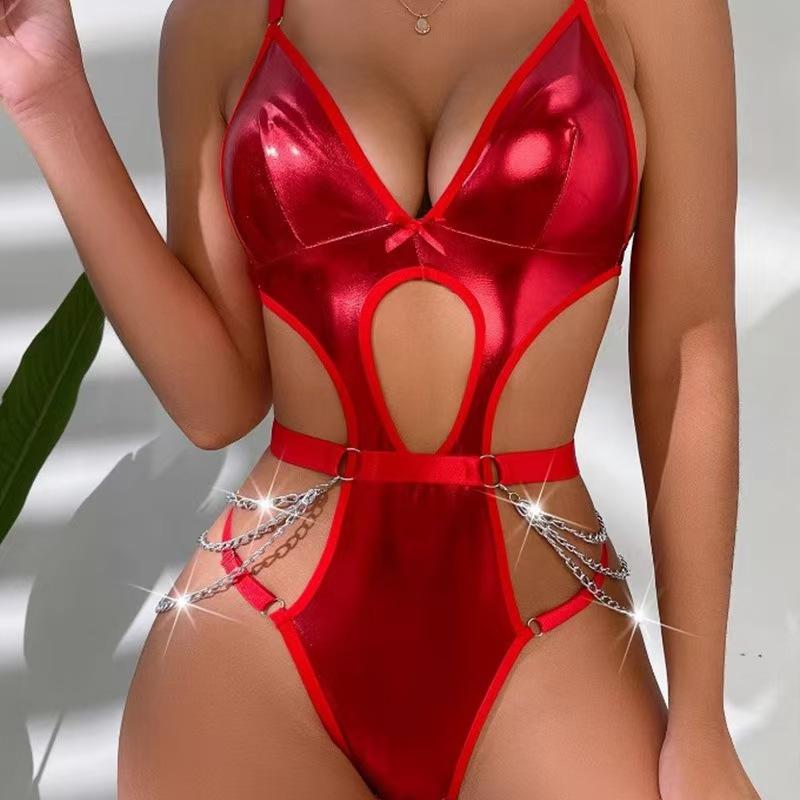 New sex underwear sexy women patent leather chain hollow onesie sex suit
