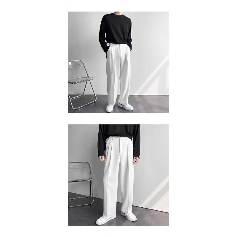 Mens American Style White Loose Straight Floor Drape Casual Suit Pants