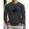 Men's 100% Pure Cotton Loose Fit Comfortable Sports and Leisure Mountain Compass Pattern Printed Round Neck Long Sleeved T-shirt
