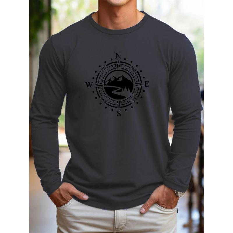 Men's 100% Pure Cotton Loose Fit Comfortable Sports and Leisure Mountain Compass Pattern Printed Round Neck Long Sleeved T-shirt