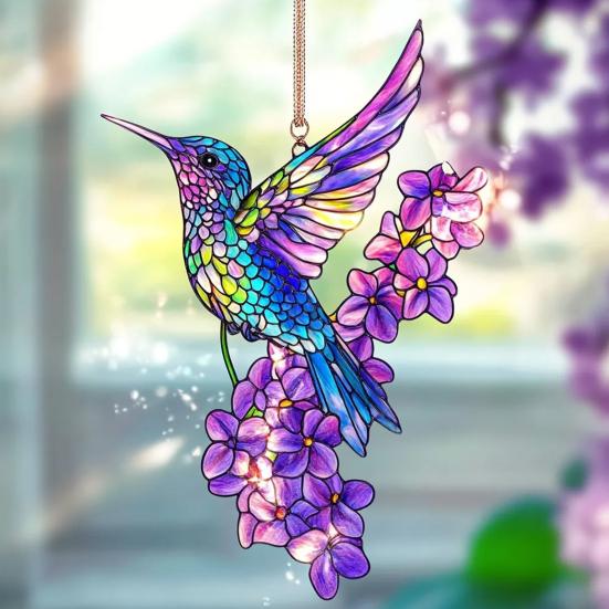 Barevný lapač slunce s kolibříkem Vitrážové akrylové květinové a kolibříkové dekorace Závěsný lapač slunce