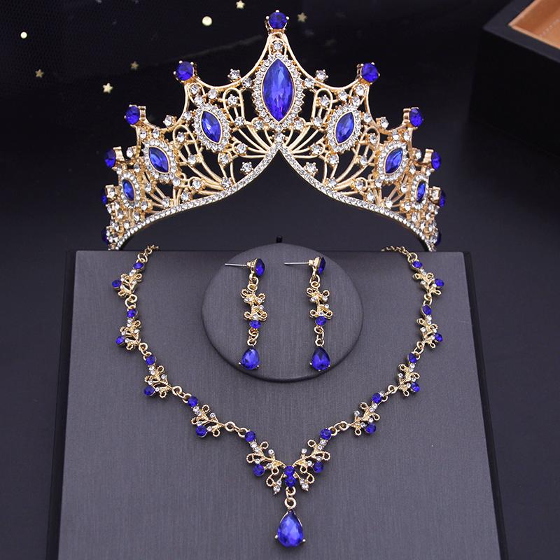 Luxury Diadem Wedding Crown Sets Rhinestone Crystal Tiaras Bride Headwear Crown Necklace Bridal Jewelry Sets Accessory