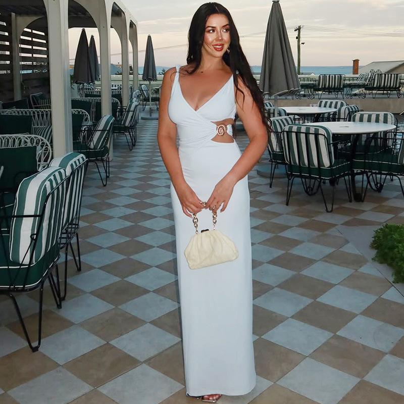 Women European American Style Solid Color V Neck Sleeveless Hollow Out Bodycon Long Dress