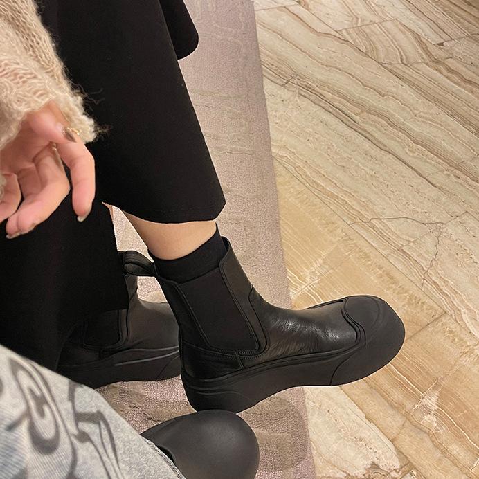 Verze ovčí kůže~ vnitřní zvýšení výšky 7 cm tenké kozačky krátké kozačky dámské kožené na silné podrážce Chelsea kozačky muffin Martin kozačky kotníkové kozačky