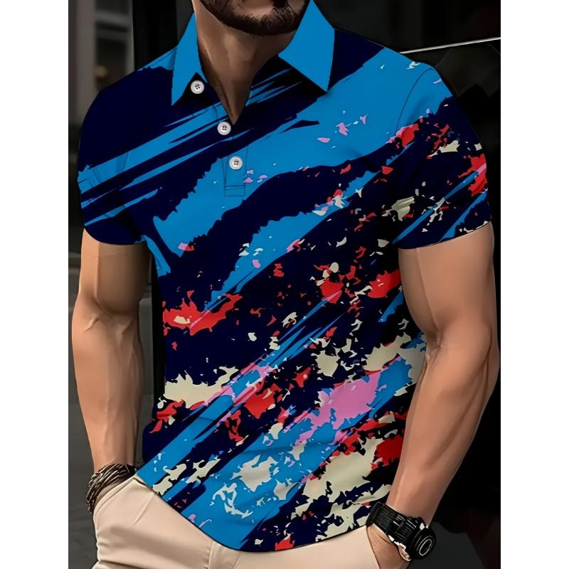 3D printed men's short sleeved lapel shirt for summer casual wear
