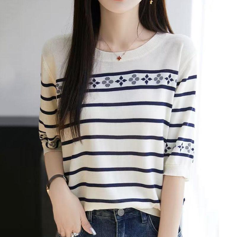 

Летняя тонкая трикотажная футболка с коротким рукавом для женщин, базовая футболка с круглым вырезом и жаккардовым узором в полоску, свободный и универсальный топ XXL бежевый