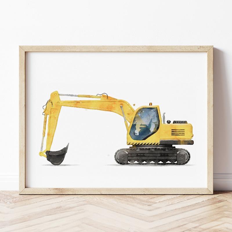 Retro Žluté Auto Nákladní Auto Bagr Buldozer Transporter Akvarelový Umělecký Plakát Obrazy na Plátně Nástěnné Umělecké Obrázky Domácí Dekorace