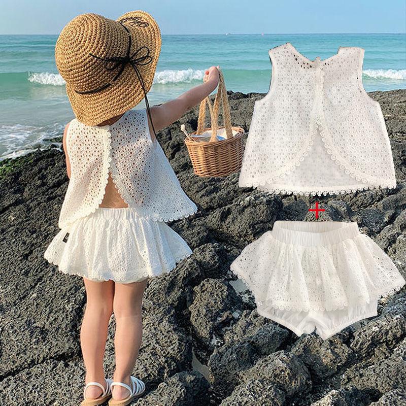 

Summer Girls Clothing Vest Sets Hollow Lace Suit Baby Casual Sleeveless T-shirt+Shorts Kids Clothing Sets Baby Clothes Outfits 120 білий