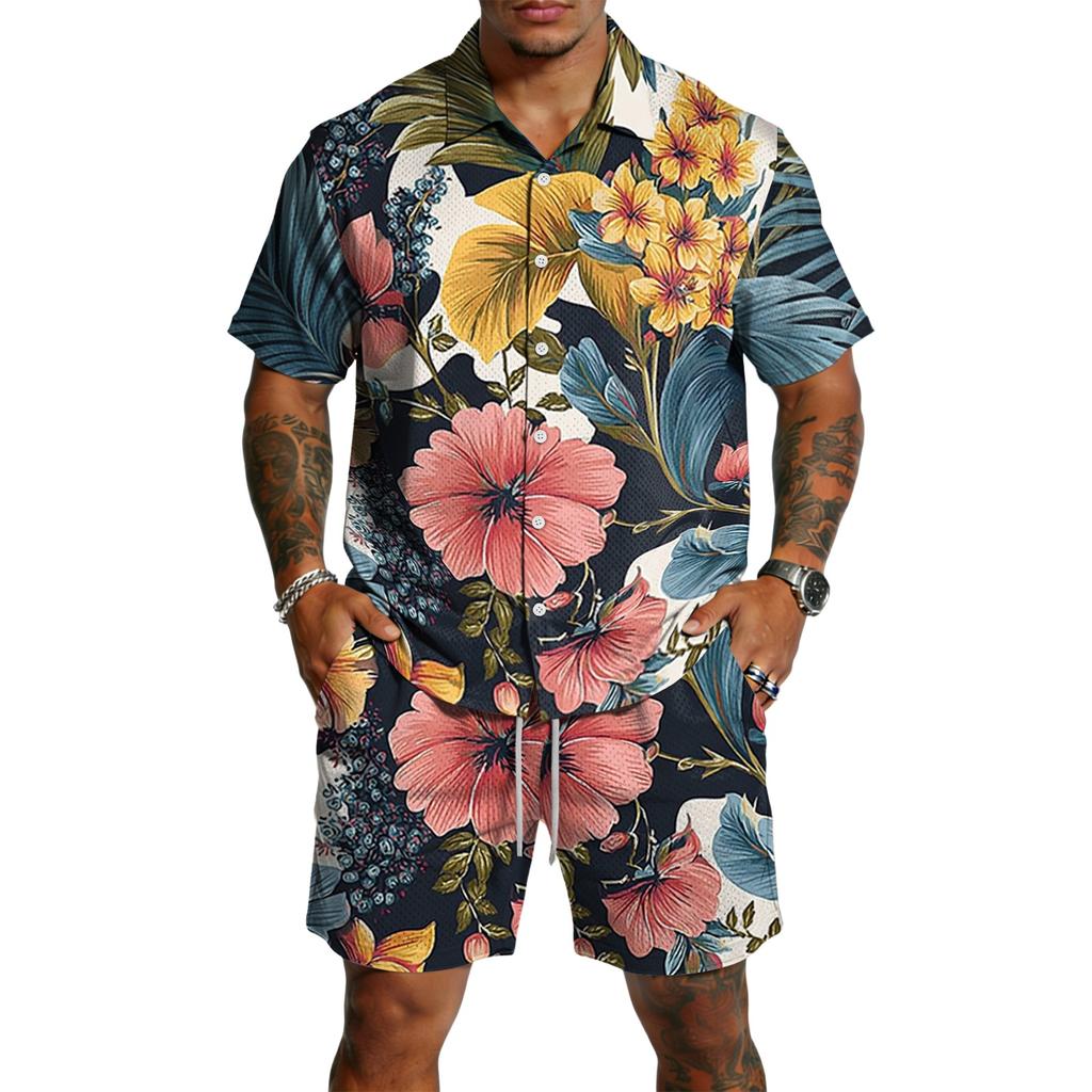 Men's Casual Printed Top and Drawstring Shorts Set Lightweight Breathable Set for Summer