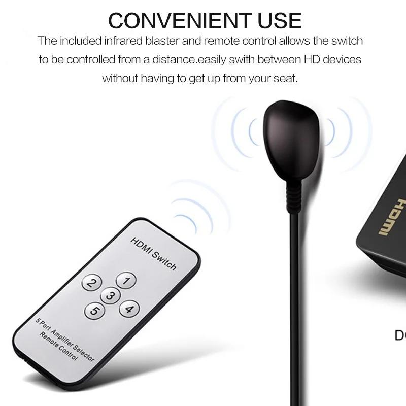 5 In 1 Out HDMI Switcher 4K Ultra HD 1080p Full HD 3D Auto Switch Box Audio Video Adapter for TV PC Laptop Streaming Devices