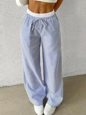 Damen Casual Mode Gestreifte Bodenwischende Gerade Hose Freizeithose