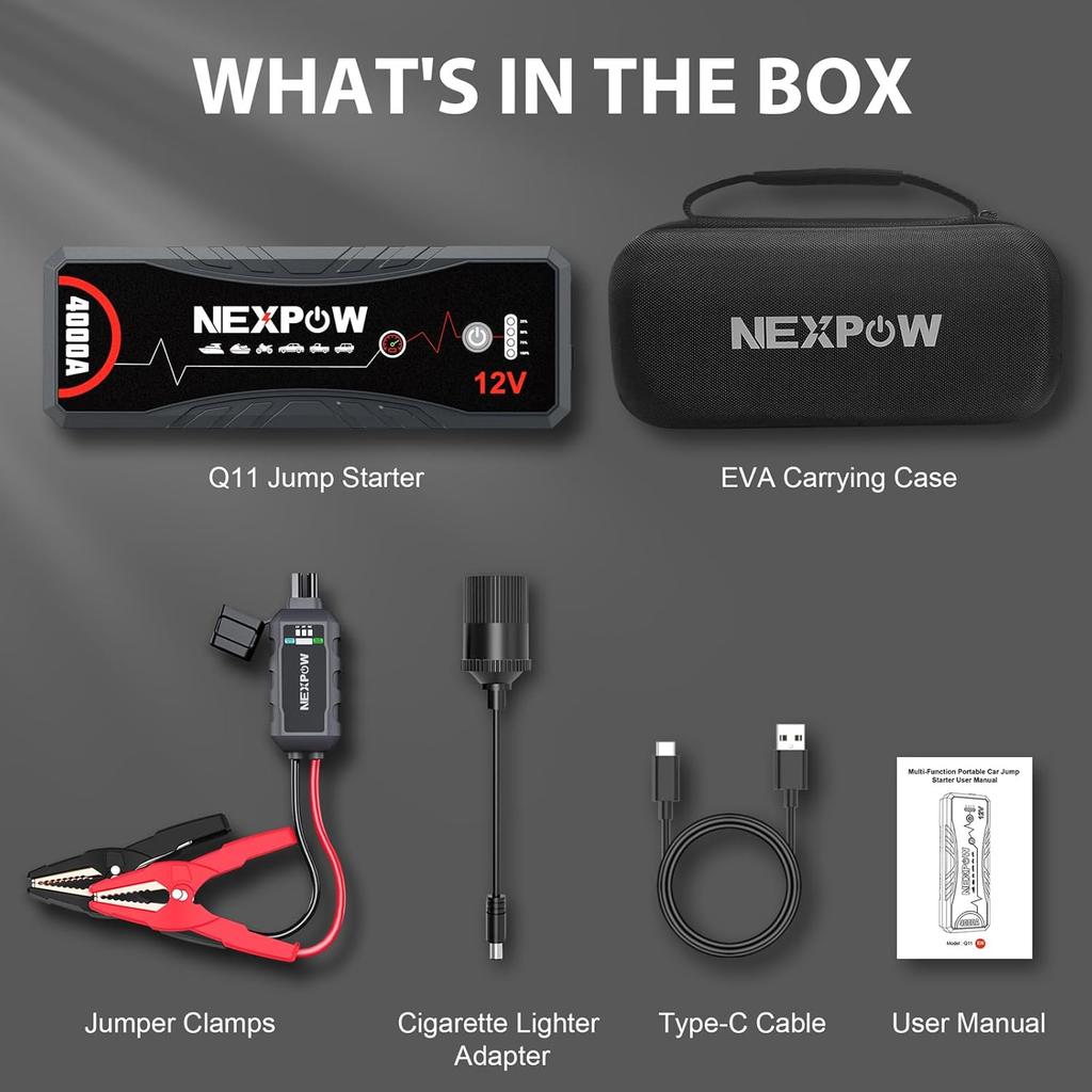 Jump Starter 4000A Peak, 12V Portable Battery Booster for Gas Engines Up To 10.0L, with LED Light & USB QC3.0