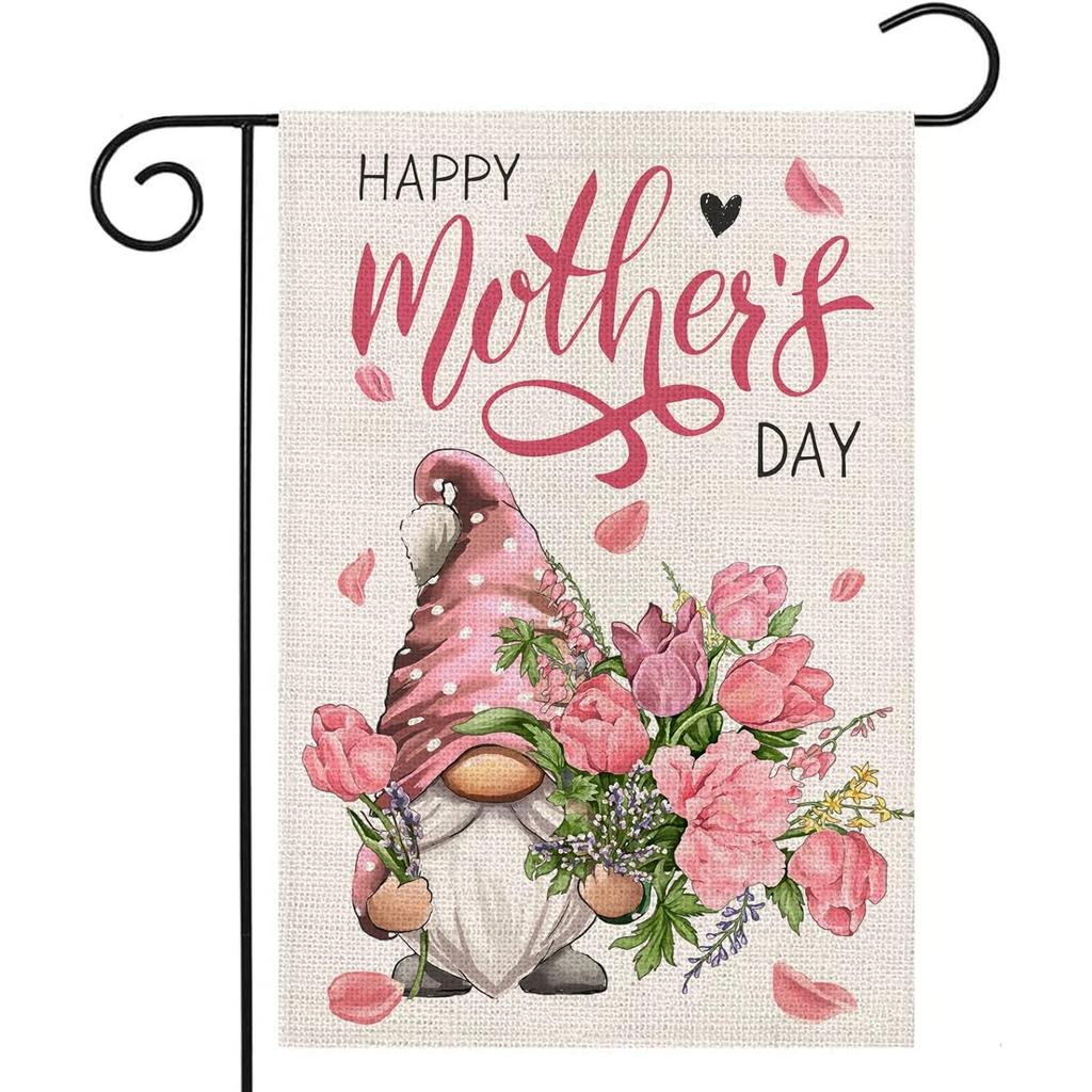 Happy Mother's Day Garden Flags for Outside Double Sided,Gnome with Carnation Flowers Small Yard Flags,Gift for Mom Grandmom Spring Decoration for Fa
