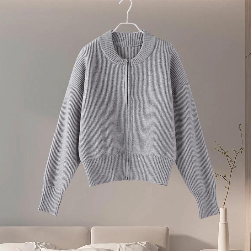 Autumn Round Neck Cardigan Sweater, Feminine Commuter Style Zipper Jacket, Loose and Versatile Top