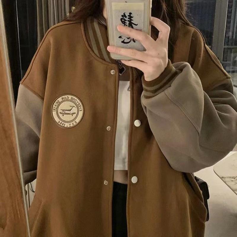 Womens Oversized Baseball Jacket Warm Loose Hoodie Cardigan Casual Streetwear With Embroidered Patch