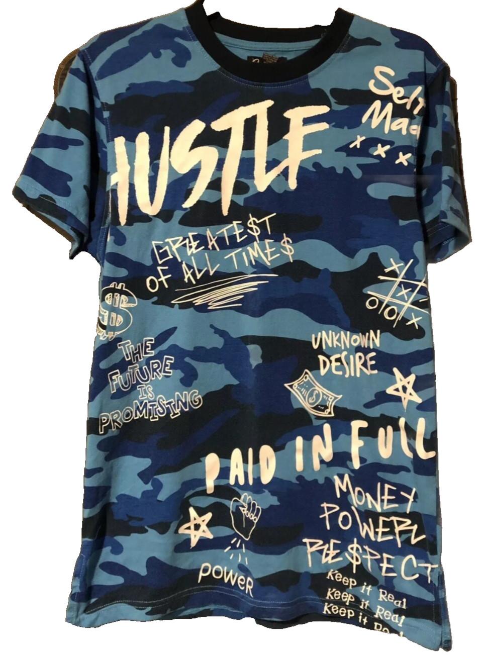 Blue Camo Hustle Graphic T Shirt Mens Medium Streetwear Hip Hop Tee Shirt Unisex T-Shirt L