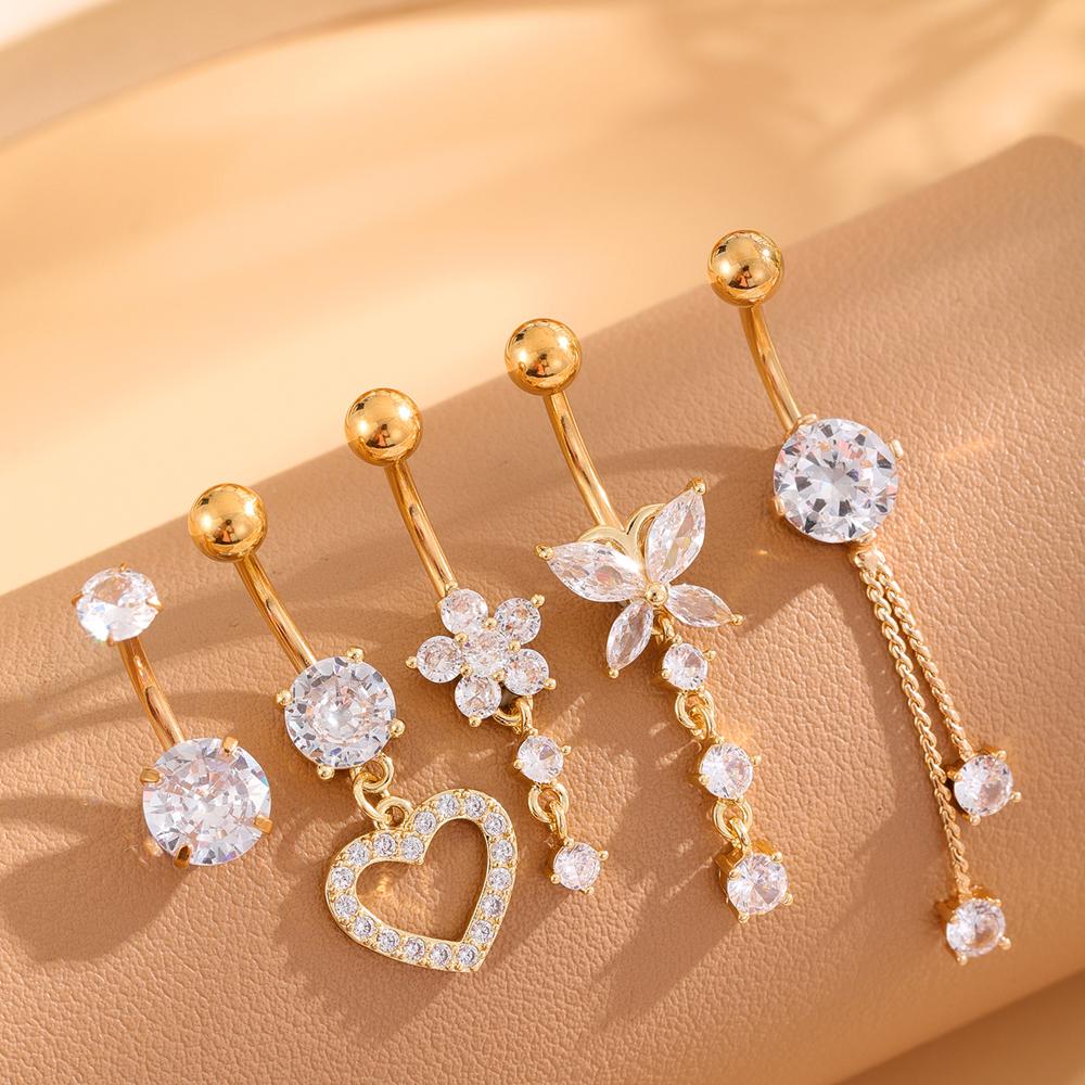 3-5pcs/Lot Belly Button Ring Sets Heart Butterfly Flower Dangled Belly Piercing Nombril 14G Curved Navel Rings Jewelry for Women