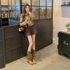 Leather Version~ Retro Suede Crossed with Flat Bottom Pleated Stacking Boots Women's Big Tube Circumference Thin Inner Height Increase Medium