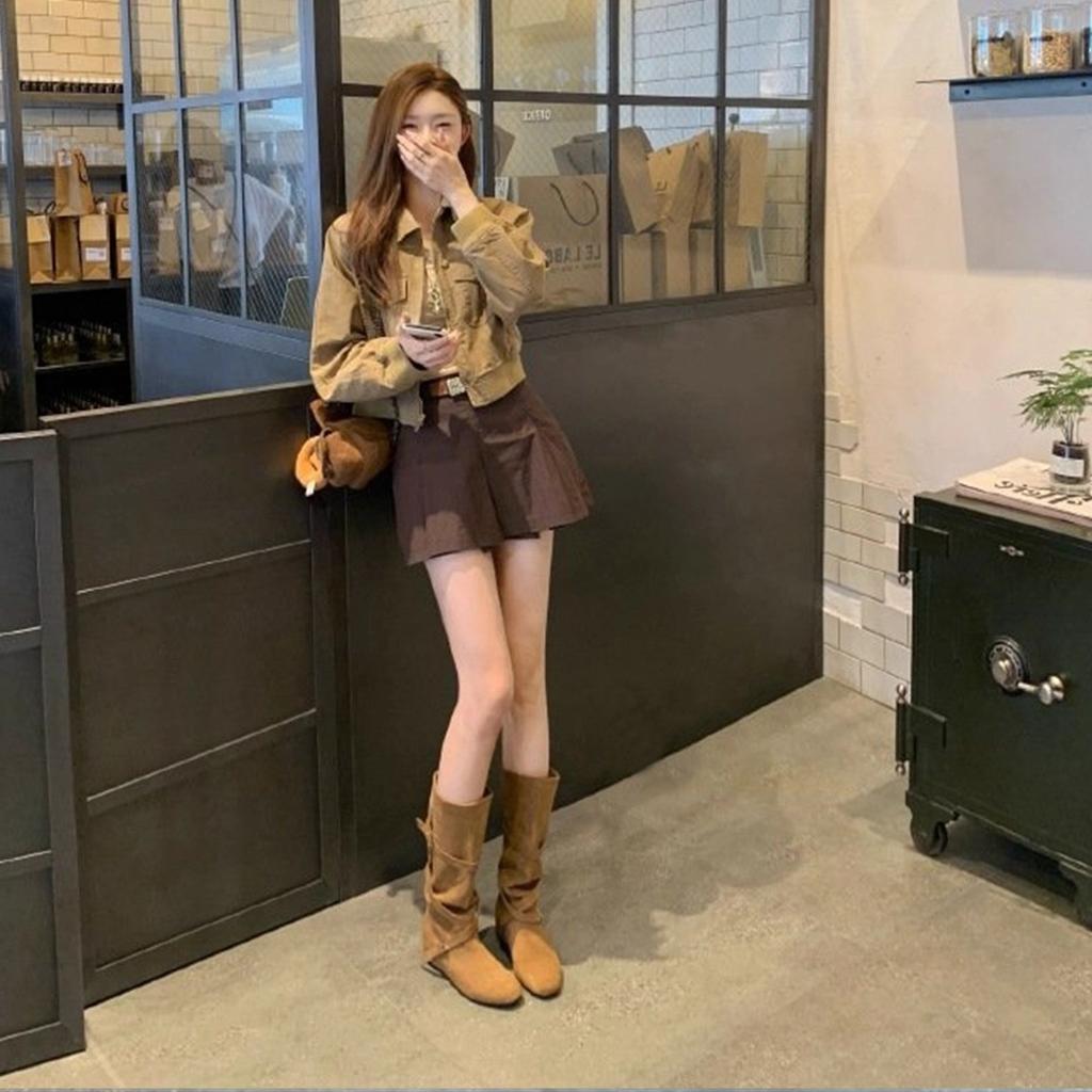 Leather Version~ Retro Suede Crossed with Flat Bottom Pleated Stacking Boots Women's Big Tube Circumference Thin Inner Height Increase Medium