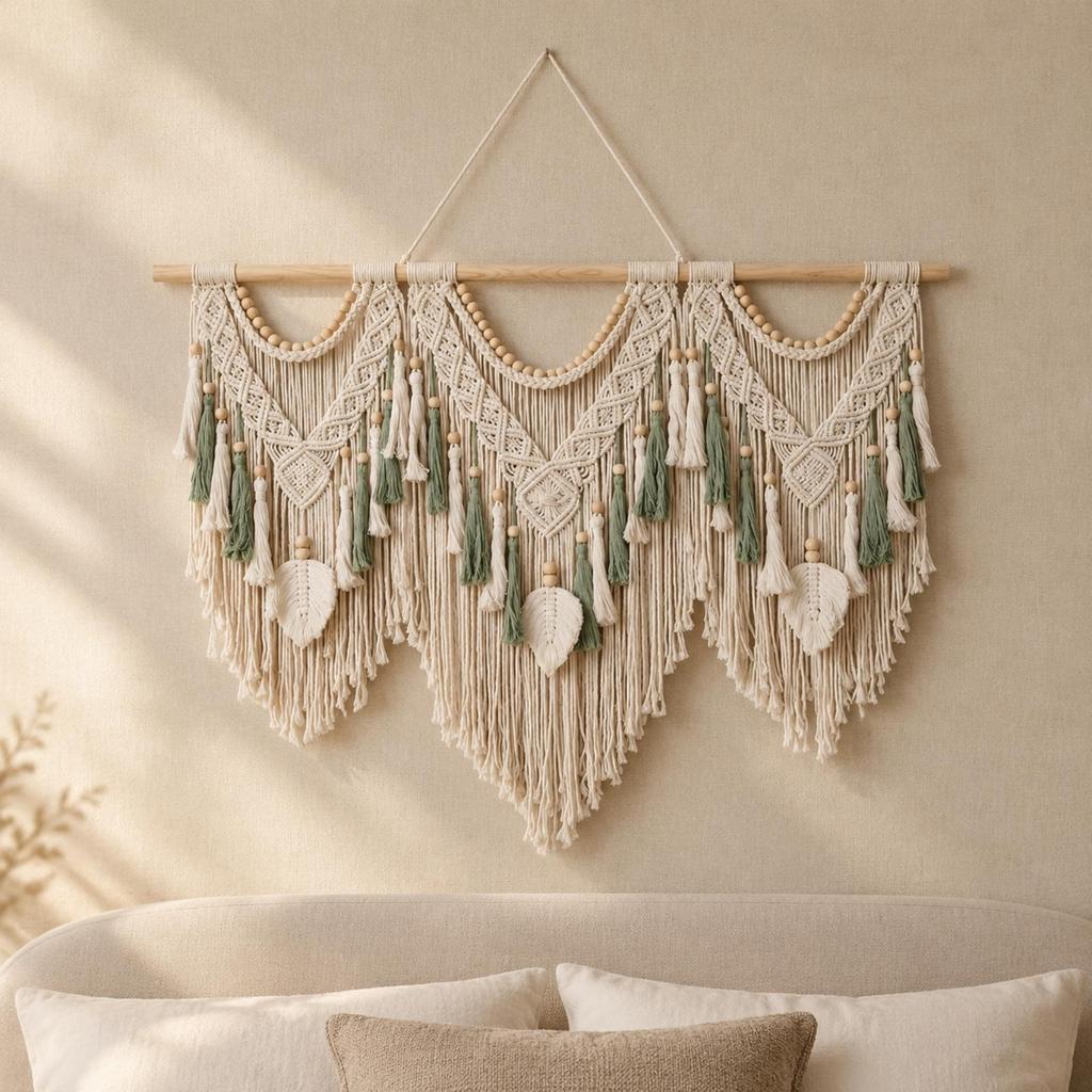 Geometric Macramé Wall Decor with Wooden Beads Cozy for Guesthouse