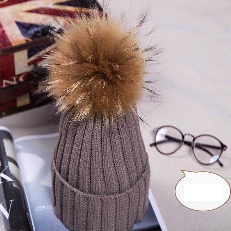 Real Winter New Raccoon Fur Hats Pom Pon Women Lady Knit Beanie Bobble Cap