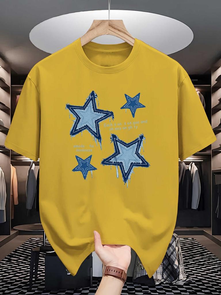 Unisex Orange Tee Retro Frayed Denim Star Letter Text Graphic Print Crew Neck Short Sleeve Summer Casual Male Cotton Streetwear Top