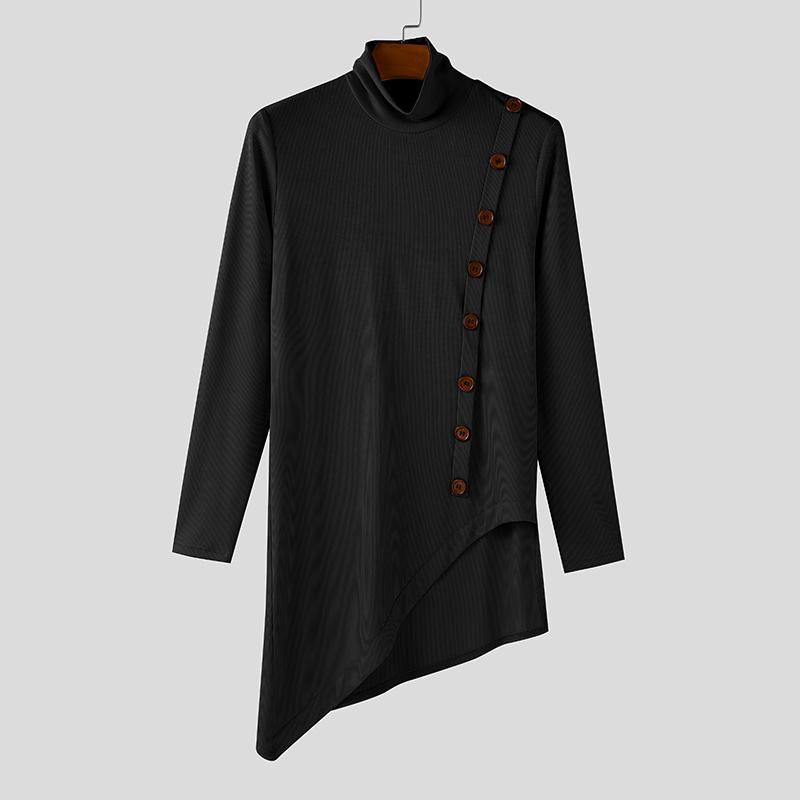 

INCERUN Мужская водолазка с длинным рукавом, пэчворк, разрезы, нерегулярный рубчик, повседневные топы, майки M чёрный