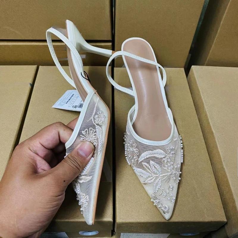 Ladies Flower Mesh Open Heel Sandals Shoes Sexy  High Heel Pointed Toe Stiletto Pumps Mules  women sandals