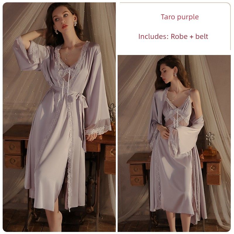 Good Morning with You: Retro French Slip Nightdress Long with Chest Pad Palace Style Pure Desire Ice Silk Pajamas Spring & Fall Women