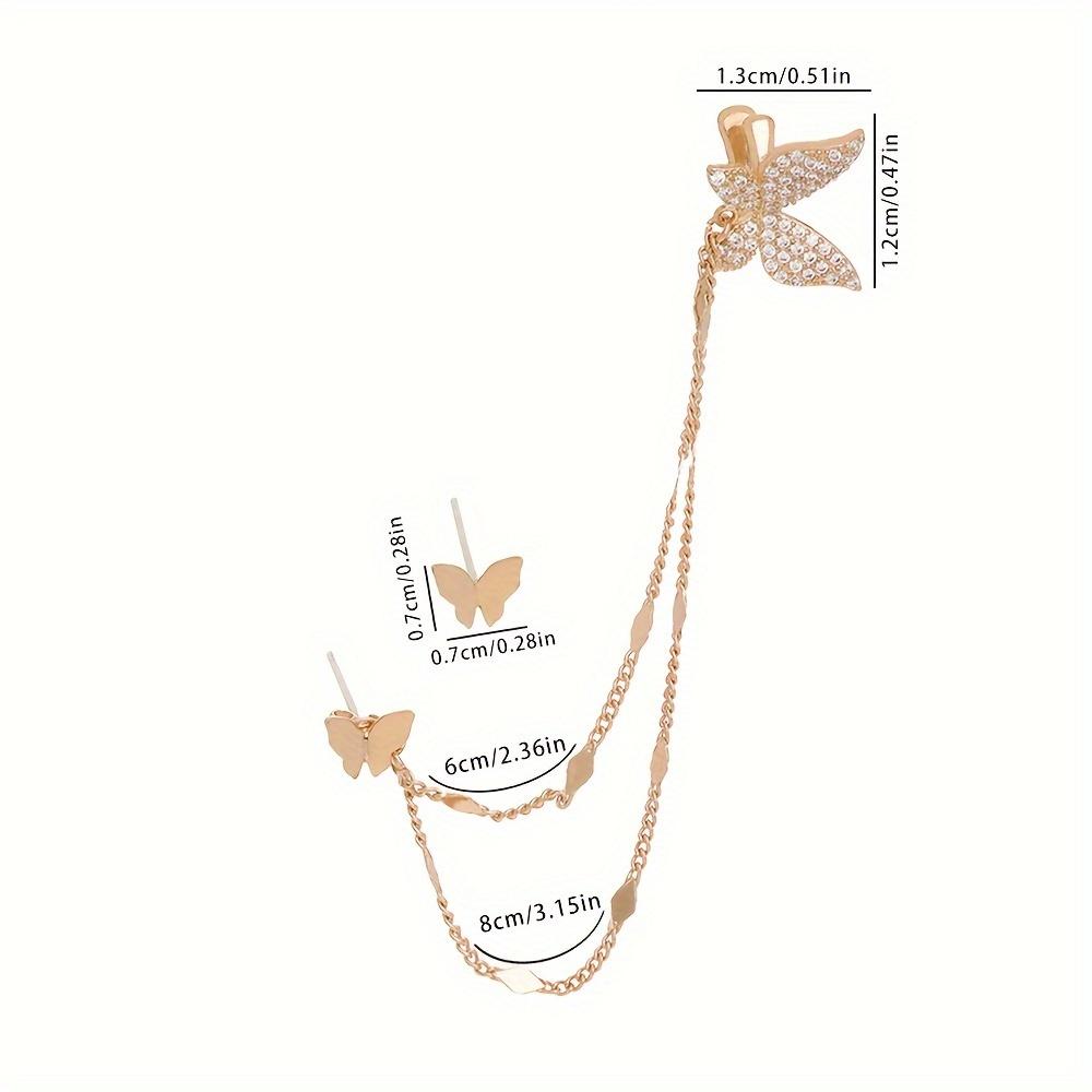 2 Pieces/ Set Exquisite Golden Butterfly Design Shiny Zircon Inlaid Stud Earring & Ear Wrap Delicate Female Earrings