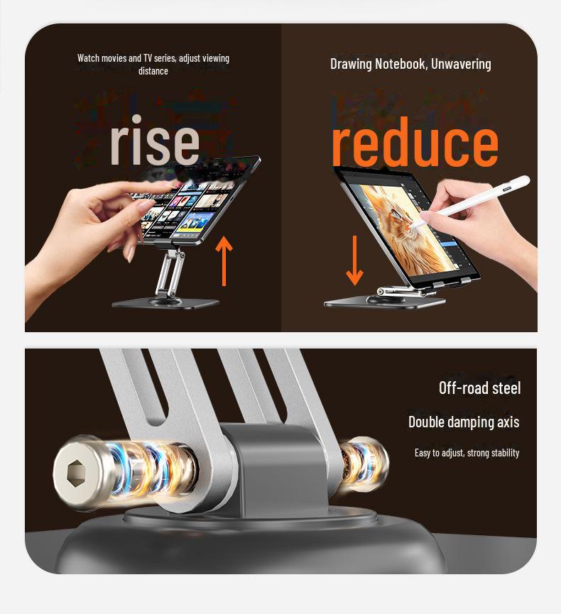 360° Rotating All-Metal Foldable Tablet Stand, Aluminum Alloy, Lifting Desktop Holder