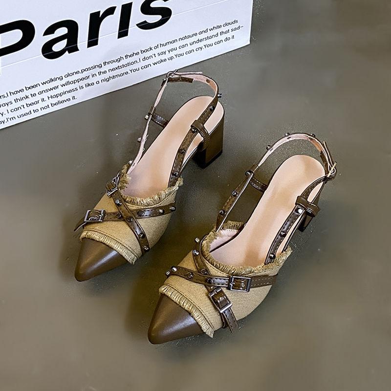 Coarse Heel Design High Heels Black Temperament Bag Head Sandals Fairy Shoes Spring and Summer Women's French Cool Slippers Single Shoes