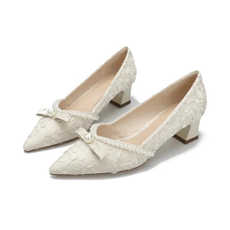 Fashion Single Shoes Women's Middle Heel Satin Pearl Bow Women's Shoes Spring 2025 New Light Mouth Pointed Thick Heel High Heels