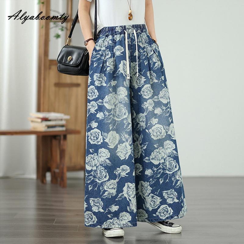 Velká velikost Jaro Léto Dámské Tenké Volné Džíny Elastický Pas Stahovací šňůrka Růžový potisk Ležérní Volné Džínové kalhoty Základní Dámské Retro Džíny