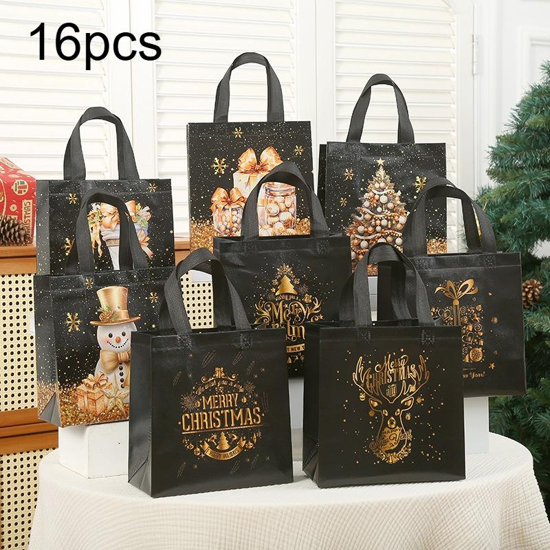 

8/16 шт. Элегантные черные подарочные пакеты на Рождество с прочными ручками - Роскошные праздничные дизайны с золотой фольгой (Деревья, Подарки, Снежинки) one size fits all