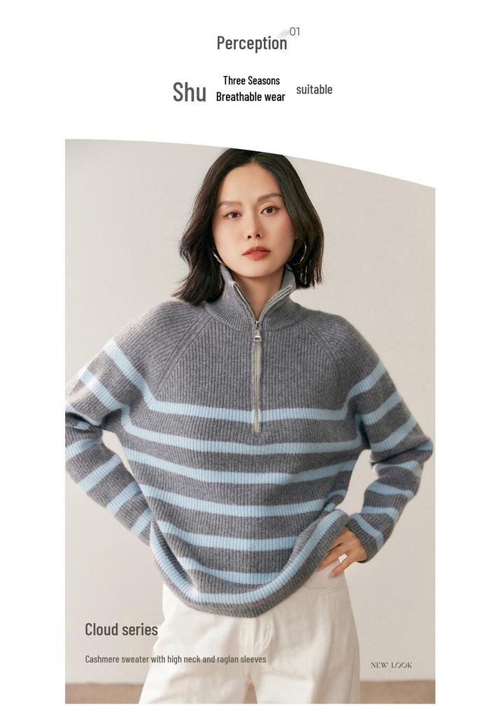2026 Autumn Winter Women's Cashmere Half-High Collar Zipper Striped Knit Sweater