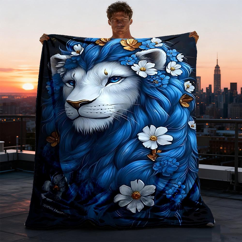 1pc Lion Floral Artwork Throw Blanket Polyester Fiber, Lightweight Flannel, Soft & Warm, All Season Use for Outdoor, Camping Digital Print