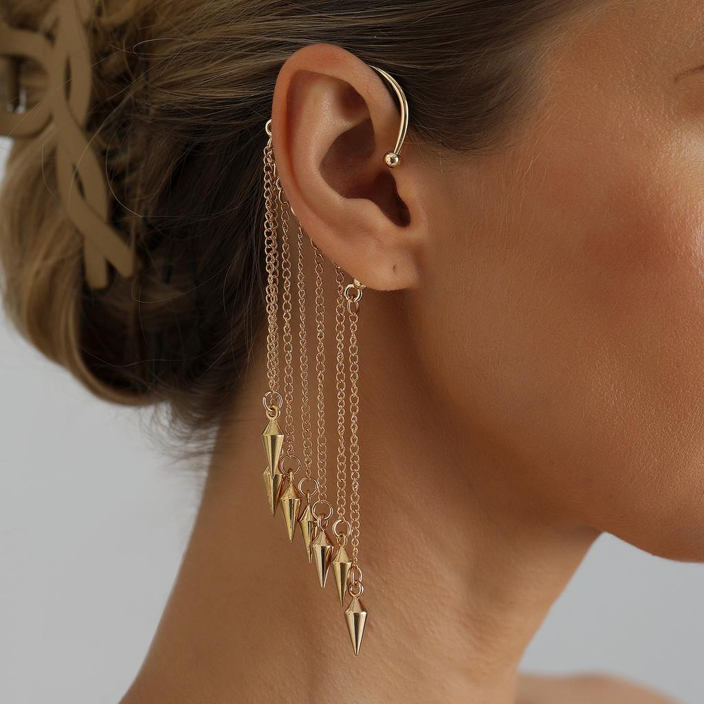 Metal Fringed Ear Hanging Without Ear Piercing Design, Sexy Spice Girl Style Exaggerated Cone Earrings