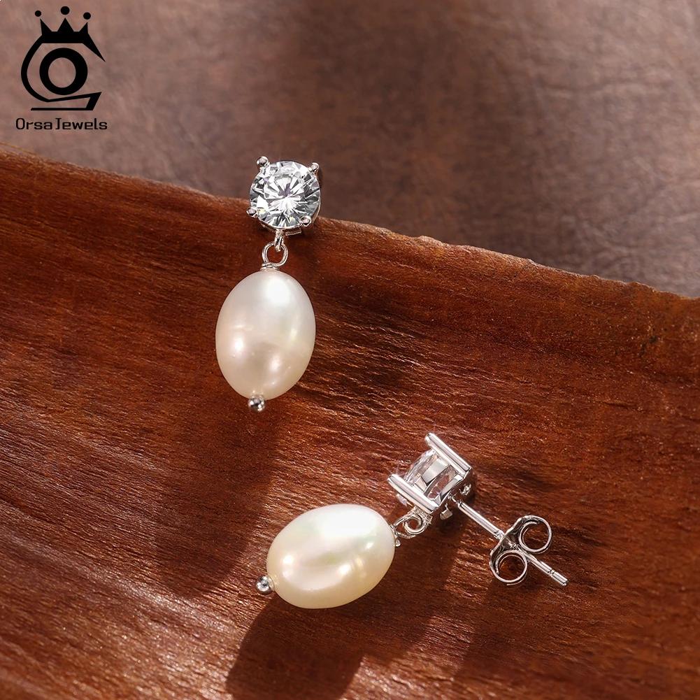 ORSA JEWELS Genuine 925 Sterling Silver Shiny CZ Earrings with Irregular Baroque Pearls for Women Birthday Gifts Jewelry GPE131