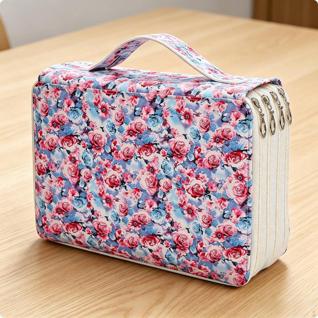 200 Slot Pencil Case Floral Print Multi Layer Zipper Bag Individual Elastic Slots Large