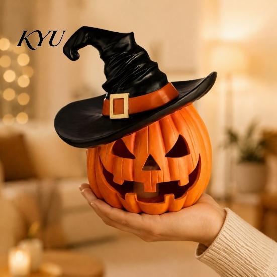 Atmospheric Room Accessories Halloween Pumpkin Ornament with Witch Hat, Resin Jack O Lantern Decorative Lamp, Weighted Solid Figurines Spooky