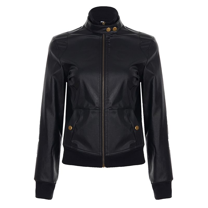 H's European and American Women's Clothing Cool Motorcycle Stand Collar Zipper Black Leather Coat Jacket Women's Dark Handsome Windproof Short Coat