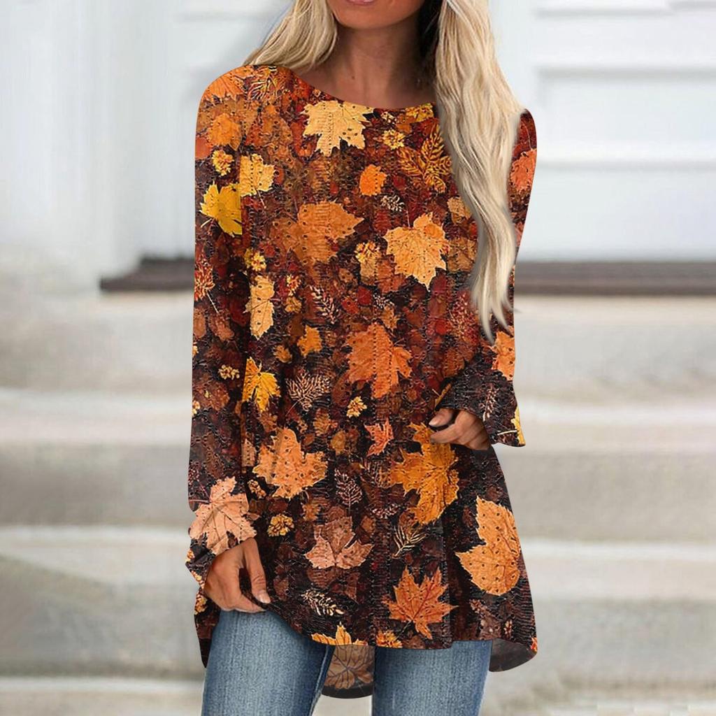 Damen Oberteile Rundhals Langarm Blusen Lässige Mittellange Hemden Mode Druck Tunika-Tops
